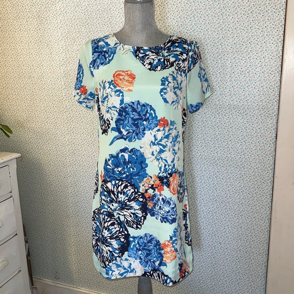J.Crew Women's Mint Green Blue Floral Lined Keyhole Short Sleeve Shift Dress 4